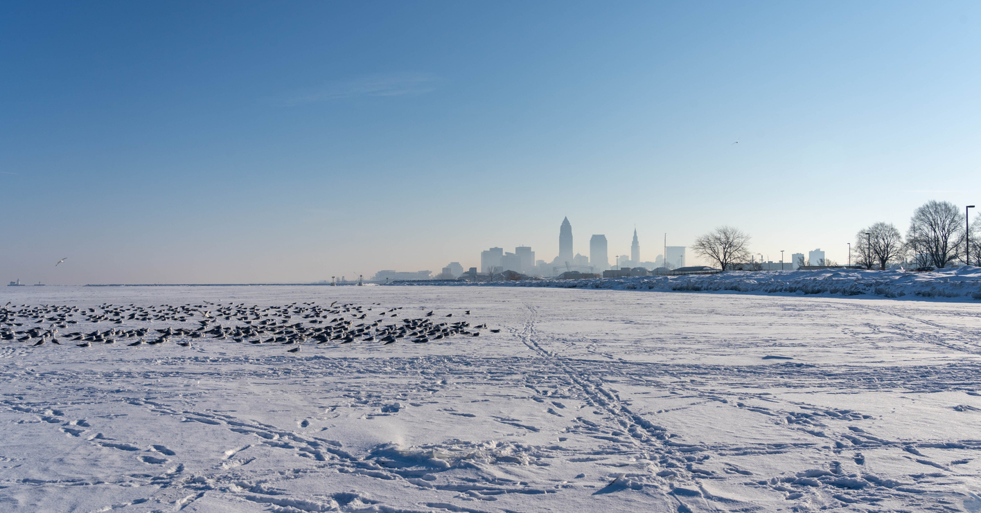 Frozen Lake Erie with Cleveland Skyline in background