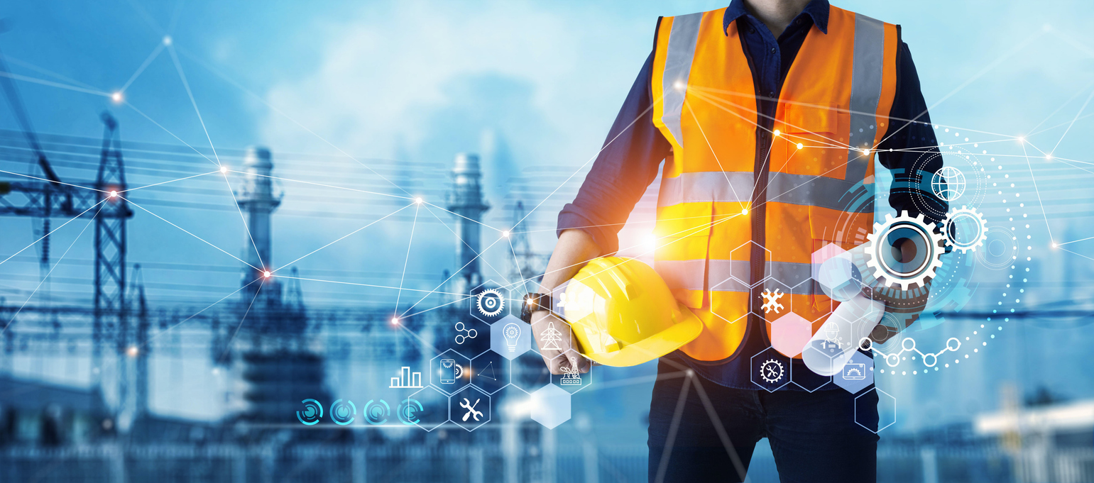 Male industrial, Electrical engineer with helmet and blueprints in hands checking, maintenance, and analysis data of power plant station project on substation and network background.