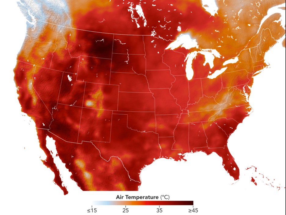 NASA Earth Observatory image of July 14-16, 2026, heat dome air temperatures across the United States